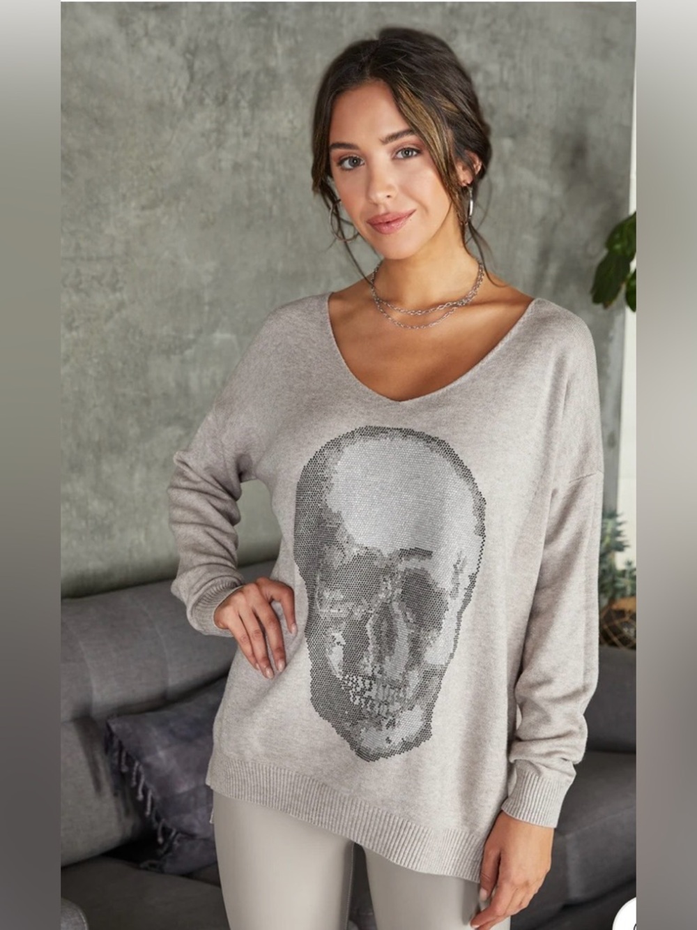 Venti6 Gray Skull Rhinestone Oversized V-Neck Knit Sweater Dress / Tunic Size OS